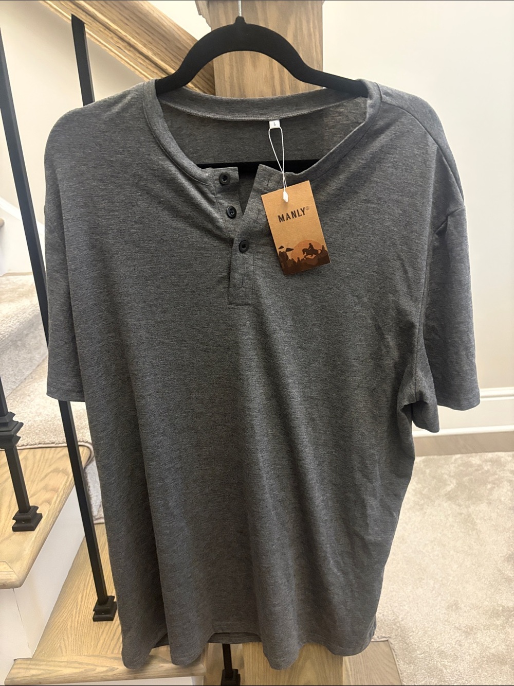 NWT Men's MANLY Short Sleeve Henley Shirt - Dark Gray (Size L)